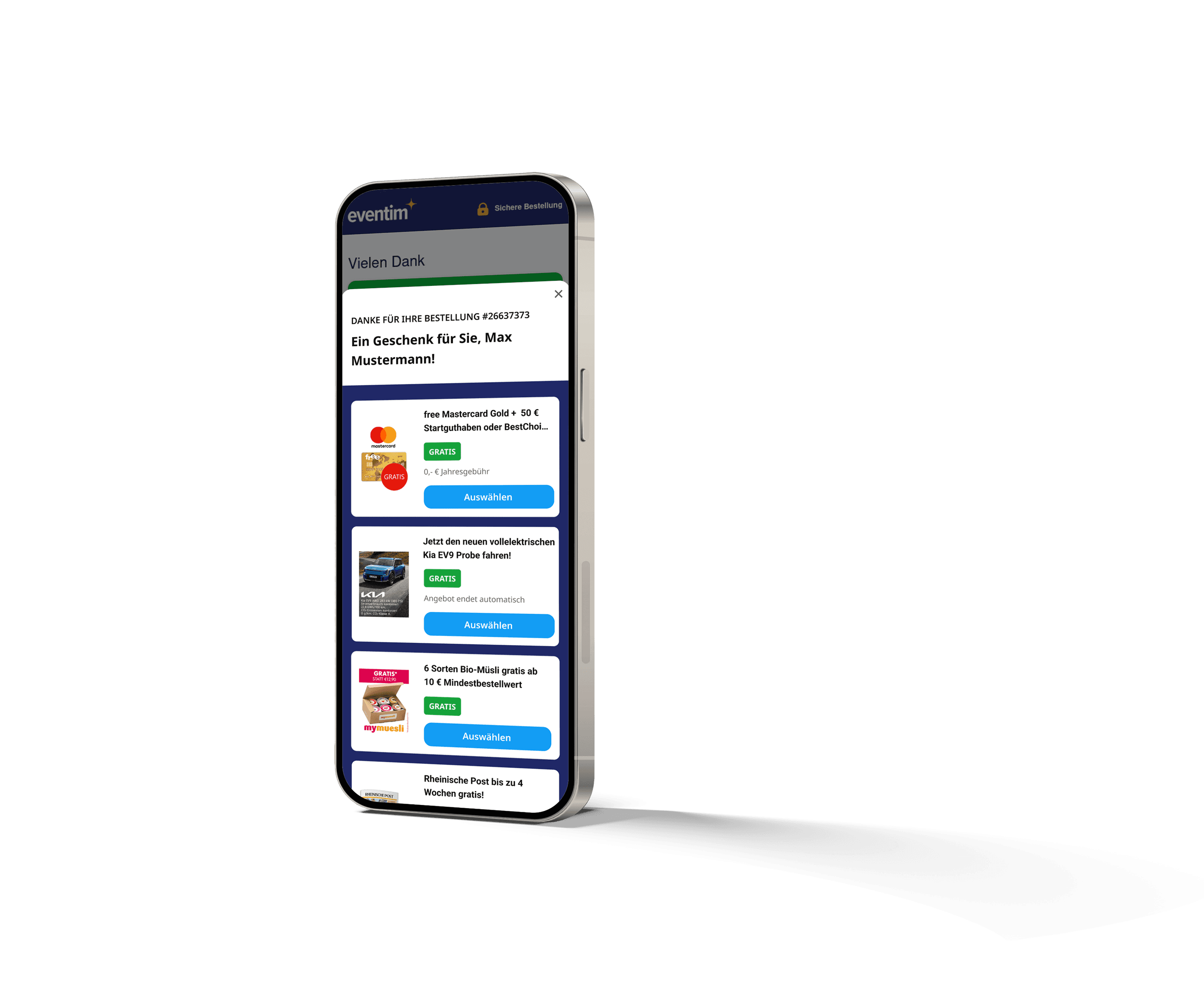 Smartphone mit Sovendus Checkout Benefits Produkt-Screen