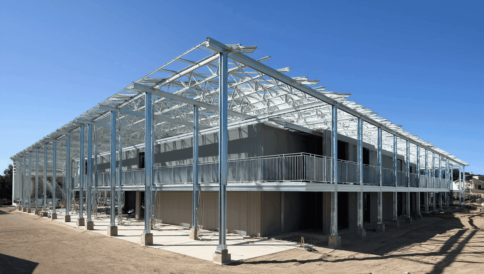 Modern steel frame building under construction, exterior view. Architectural design.