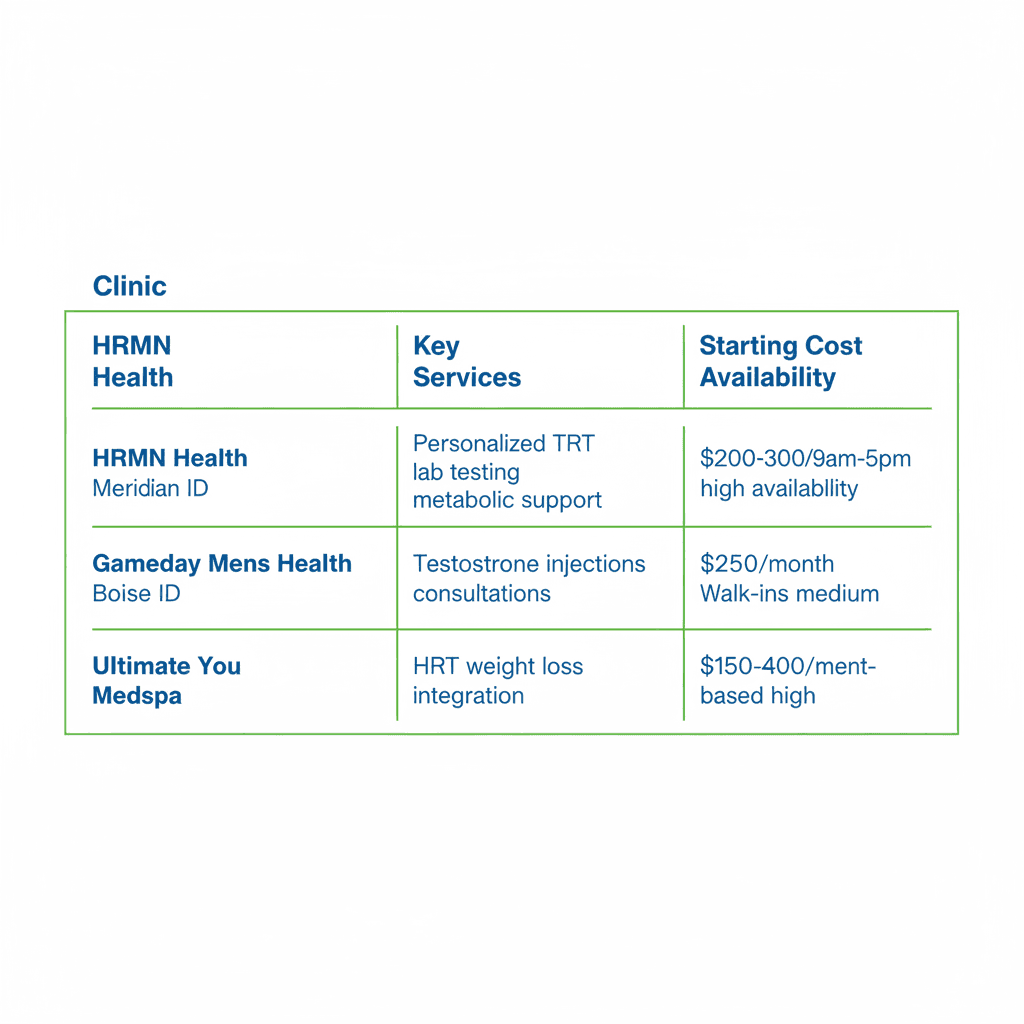 Infographic table comparing testosterone replacement therapy clinics in Boise area including services costs and availability