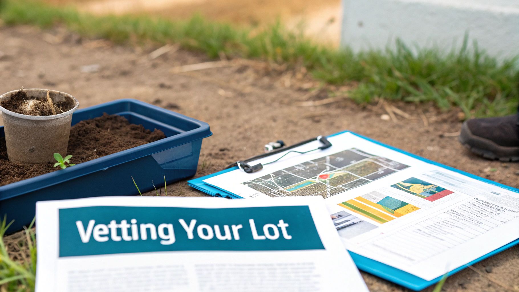 A seedling in a pot, soil in a tray, and documents about vetting a lot on the ground.