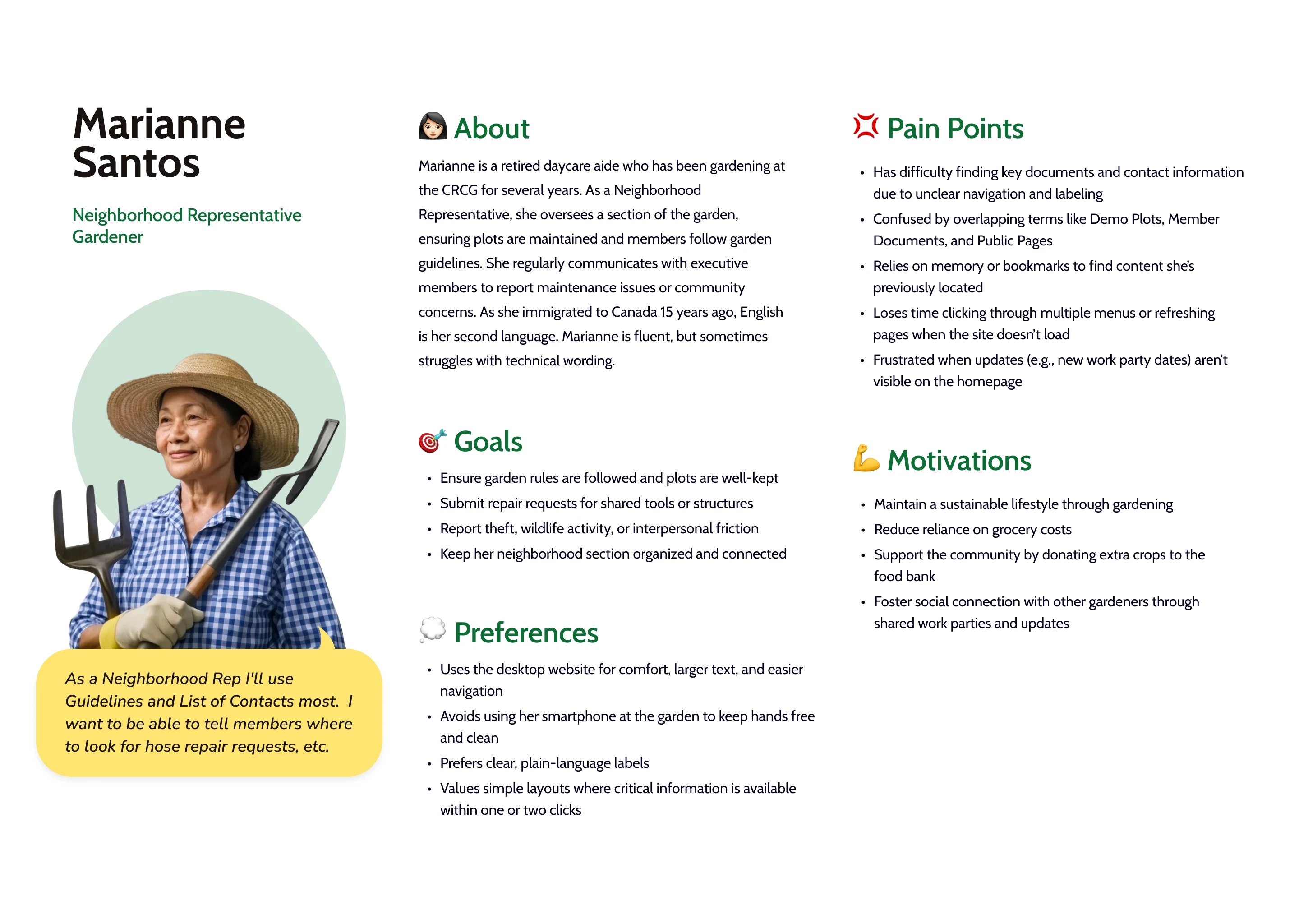 user persona of the crcg's neighborhood rep in charge of overseeing gardeners in a particular area