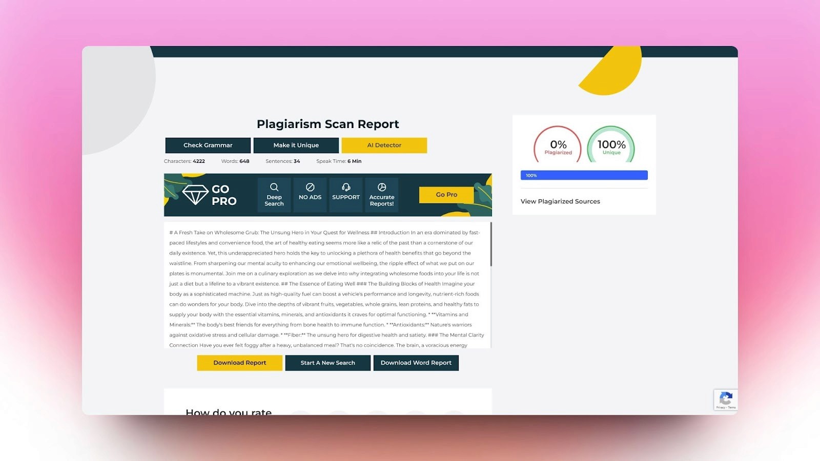 An image of plagiarismdetector.net's plagiarism scan report for a block of content, with buttons present above and below the content indicating that the content is unique and with no plagiarism shown to the right.