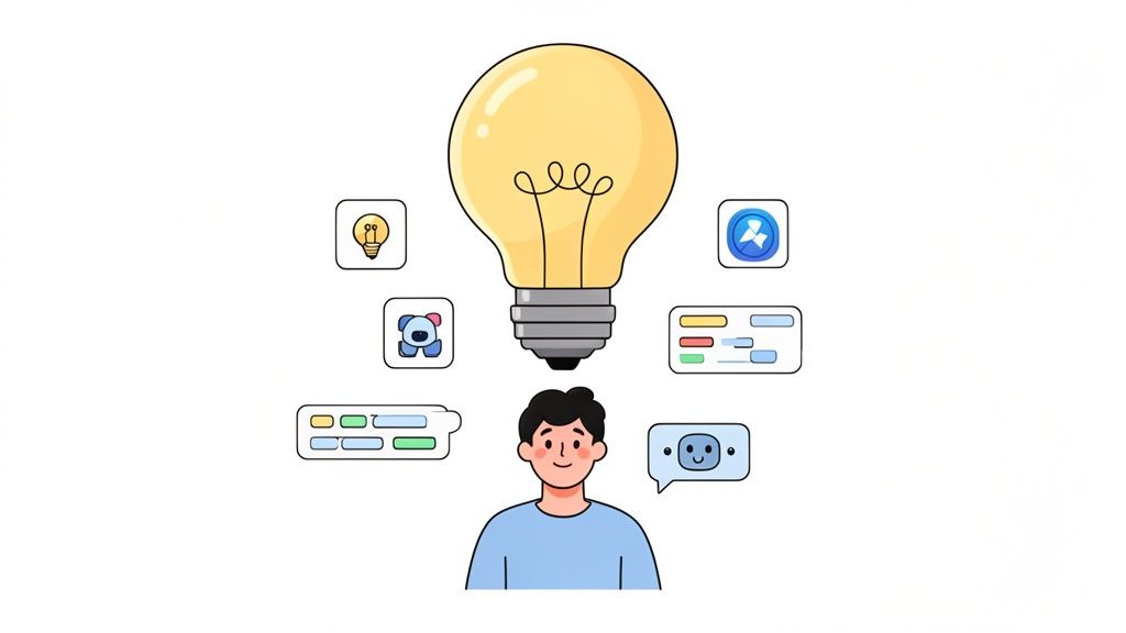 A cartoon man with a bright idea lightbulb above his head, surrounded by various app icons and UI elements, symbolizing app development.