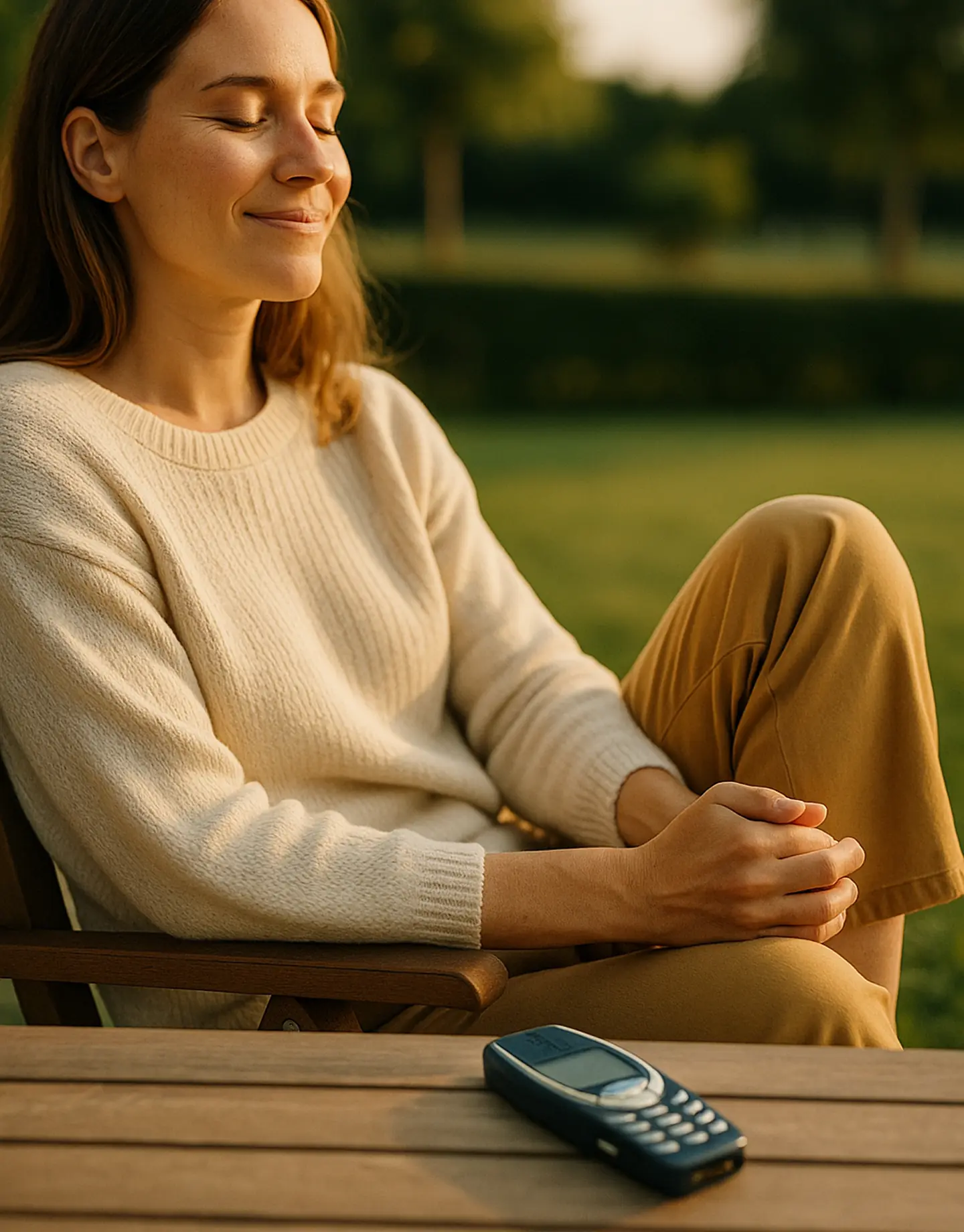 Woman relaxing outdoors with an old mobile phone placed beside her.