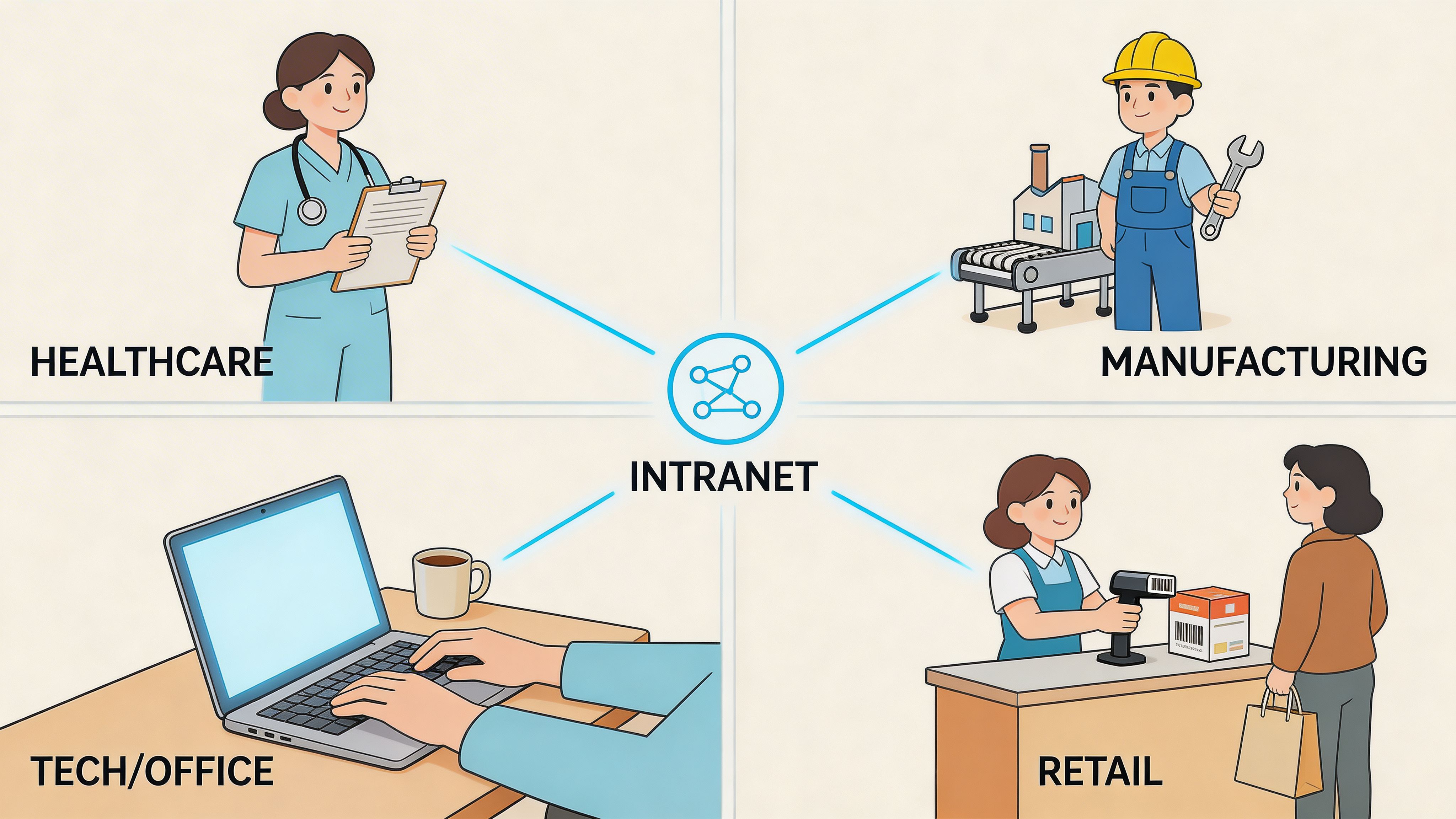 A diagram showing how an intranet connects employees in healthcare, manufacturing, tech office, and retail sectors.