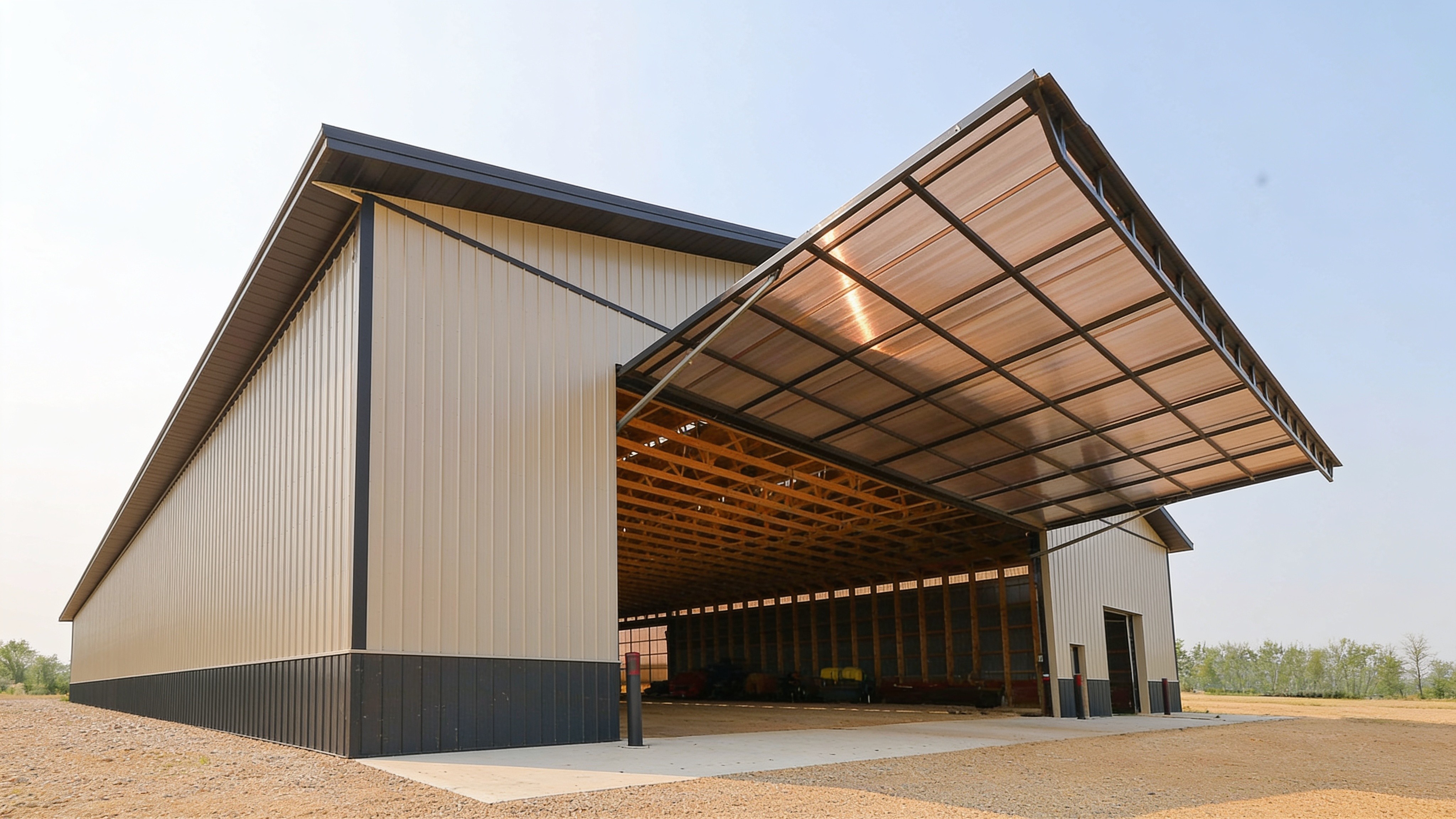 Hydraulic agricultural door retrofitted on a farm shop for large equipment