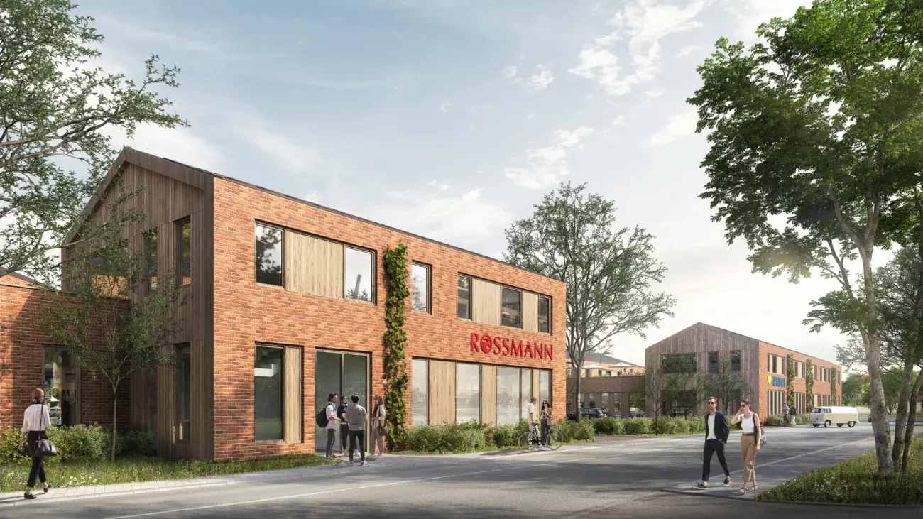 Isometrische Zeichnung eines Bauprojekts mit mehreren Gebäuden und markierten Strukturen in Rot