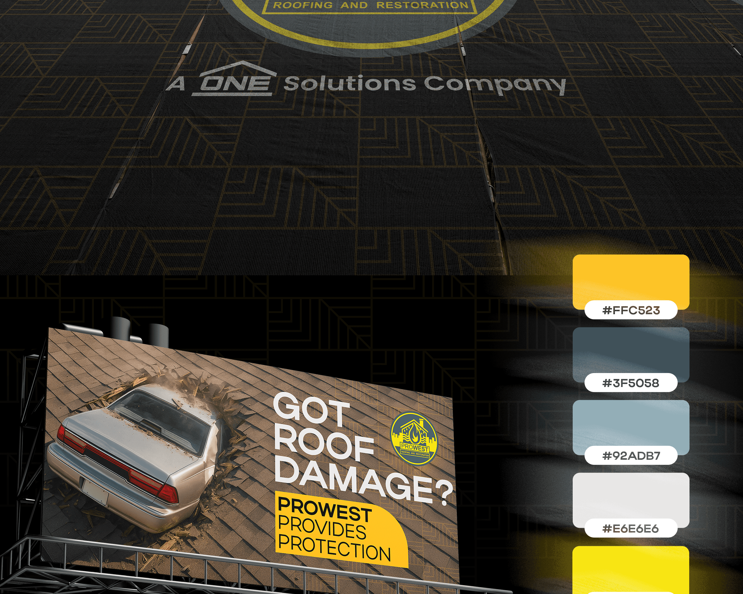 Typography and print design spread showing Actay typeface in condensed thin, regular, wide bold, and italic weights alongside branded mobile mockups and the ProWest Elite Roofing Experts brochure