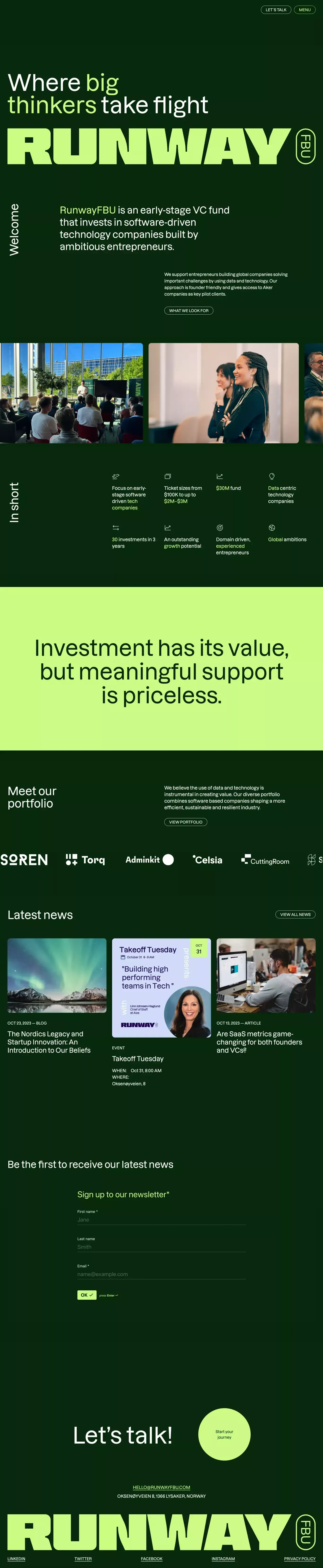 RunwayFBU landing page screenshot showcasing Finance design