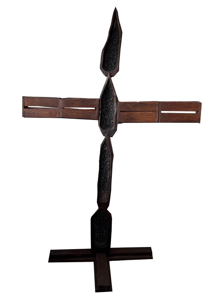 Ancestors Transported, 2025.  Casurina, old crates, soapstone bits by Barbara Walker.