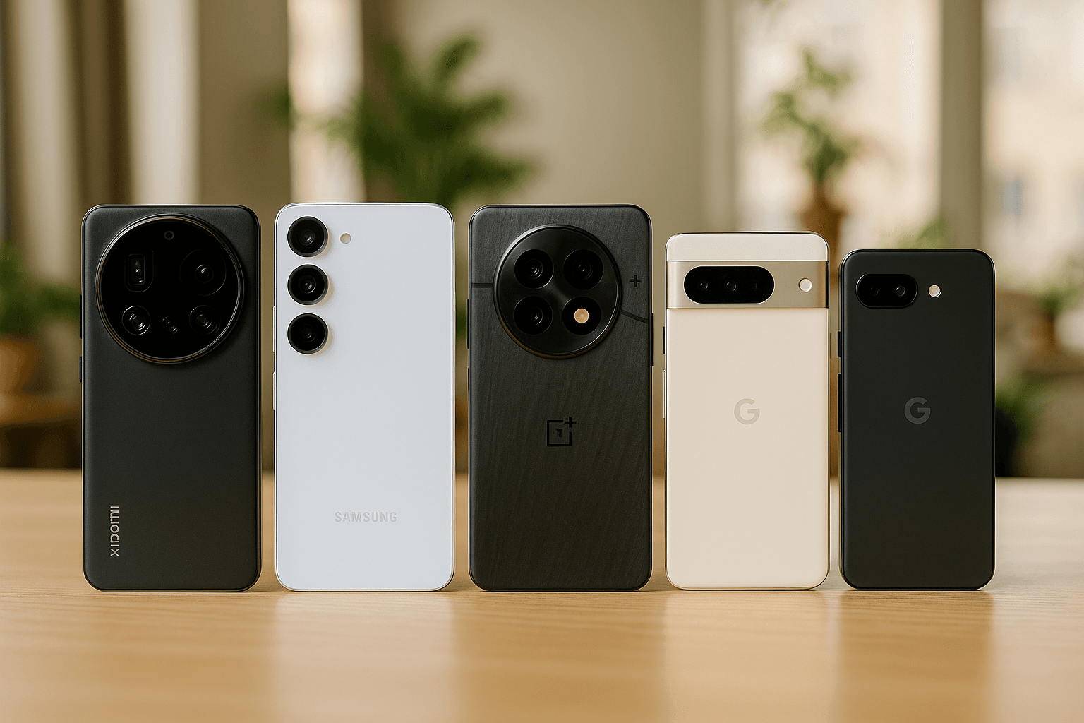 Fem af de bedste smartphones fra 2026 placeret side om side på et træbord, så de kan semmenlignes.