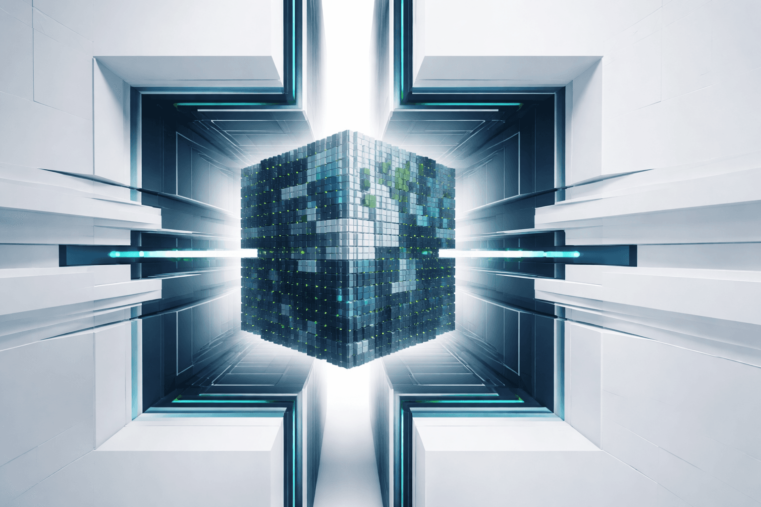 Abstract illustration showing a structured central core surrounded by dispersed analytical elements, suggesting the contrast between governed knowledge and uncontrolled information flow.