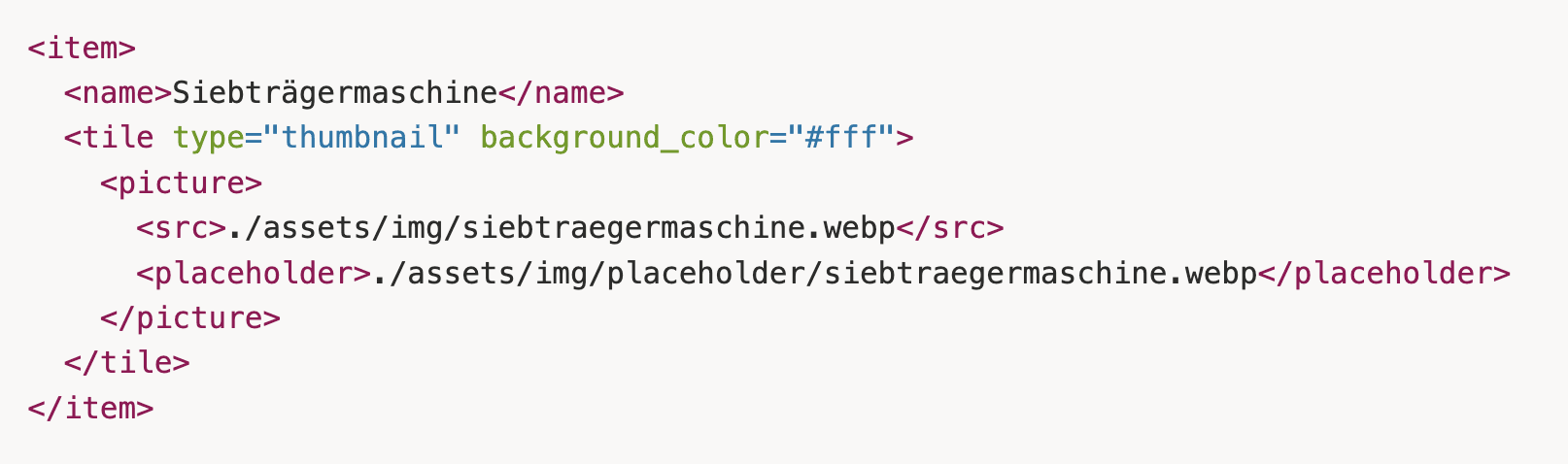 XML-Beispiel zum Vergleich: Derselbe Datensatz in XML-Syntax mit öffnenden und schließenden Tags.