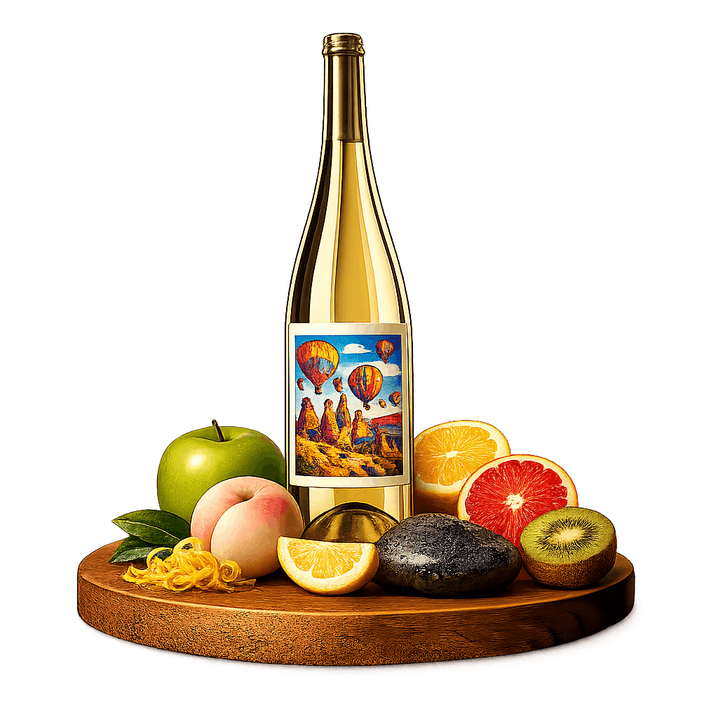 Artistic label and flavor profile for Cappadocia Emir on a rustic wooden table.