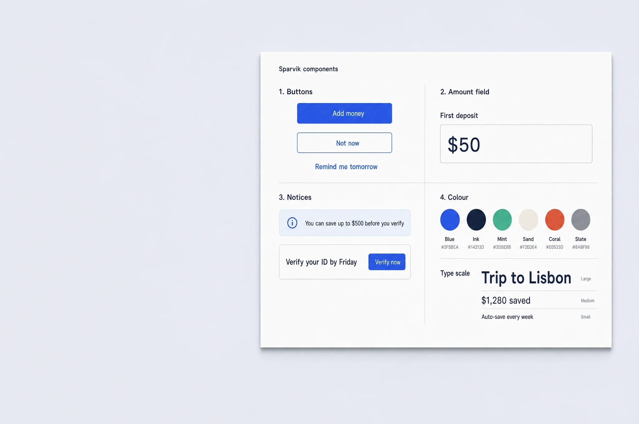 Sparvik components sheet: buttons, a first deposit field, the $500 notice, colours and type