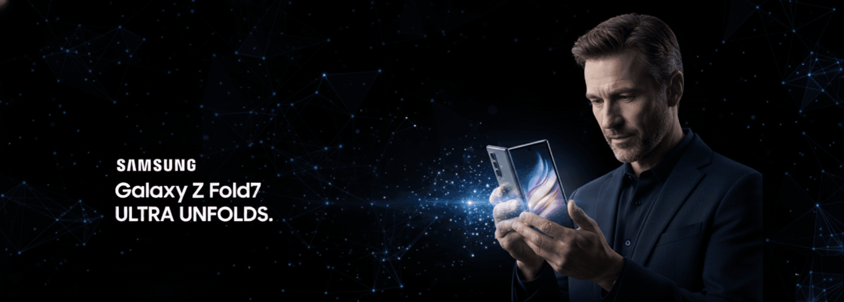 Man interacting with Samsung Galaxy Z Fold smartphone, illustrating AI-generated visuals for tech product advertising.