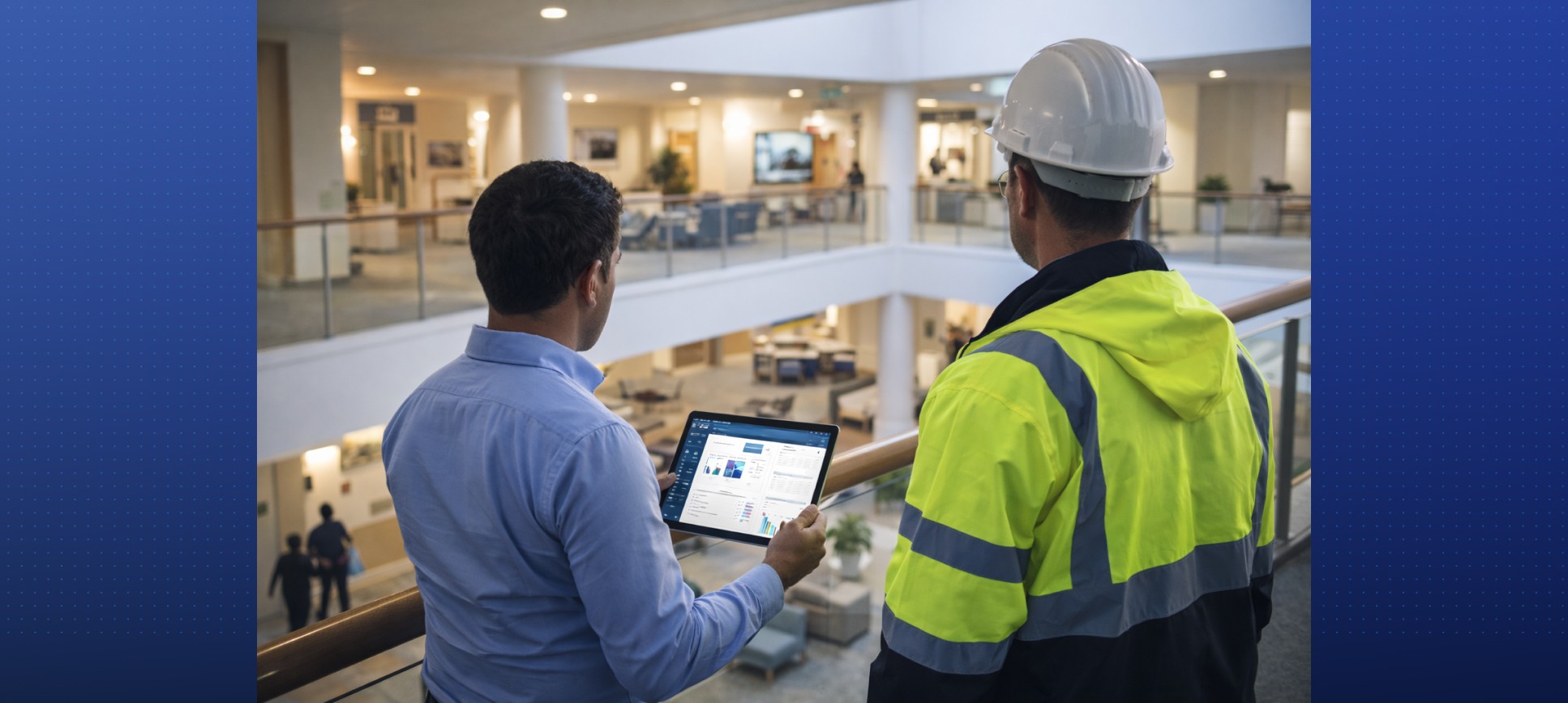 Two professionals are overlooking a commercial building while analysing data on a tablet, illustrating how a strategic approach to facility management software connects mobile workforces across the Australian facilities management software landscape.
