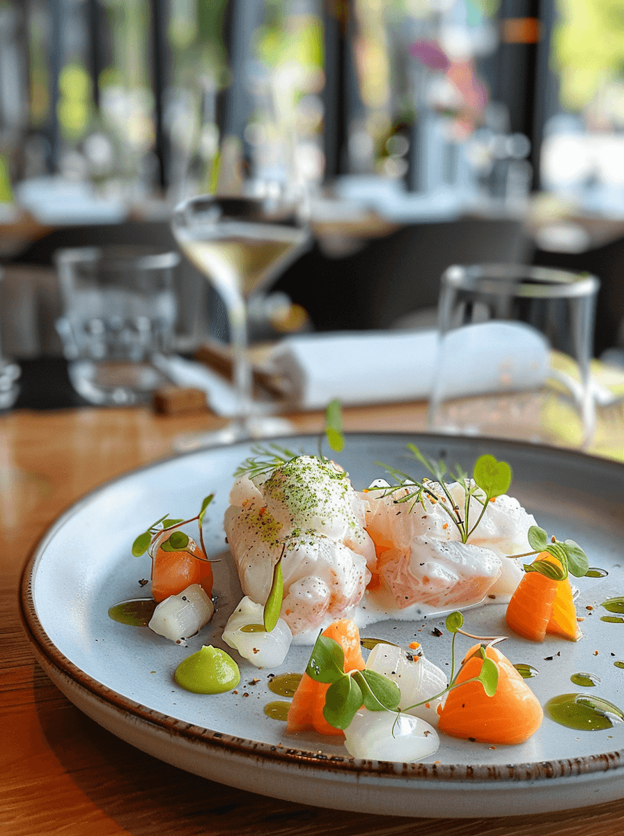 A beautifully plated dish featuring shrimp, colorful vegetables, and garnishes, set in a modern restaurant.