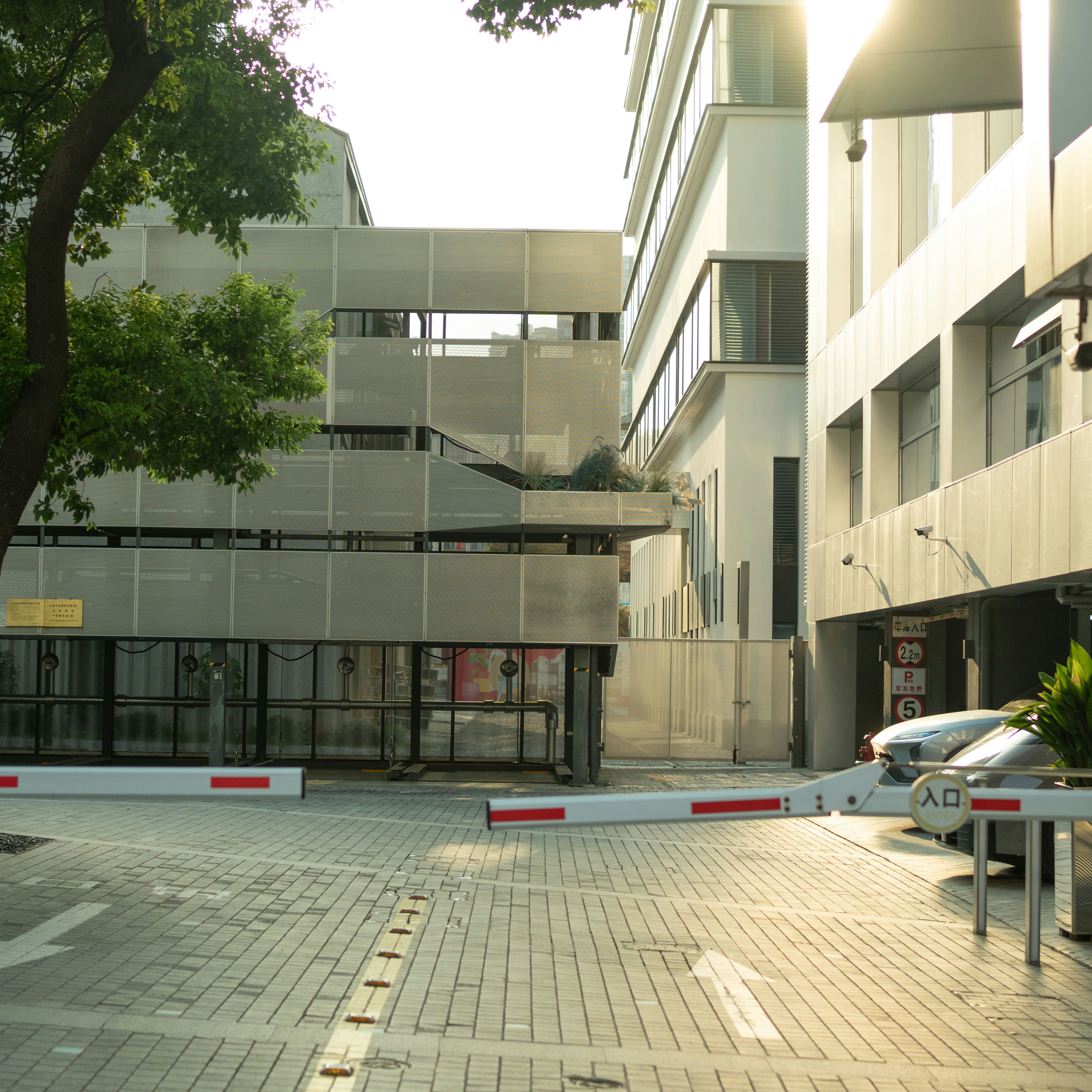 Barrier gate at the entrance to a modern building