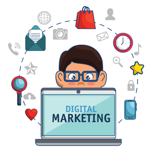 Digital marketing illustration with a marketer behind a laptop and channel icons.