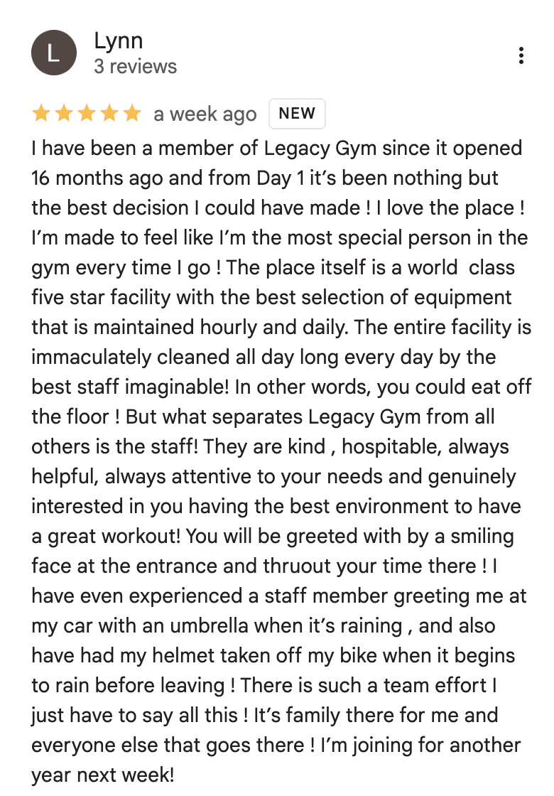 Five-star review screenshot for Legacy Muscle Universe Koh Samui, showcasing member satisfaction with top-tier gym facilities.