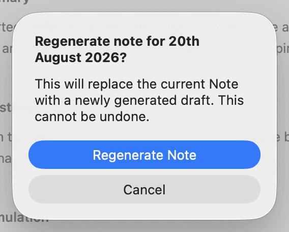 The Regenerate Note confirmation, warning that replacing the current Note cannot be undone, with Regenerate Note and Cancel buttons.