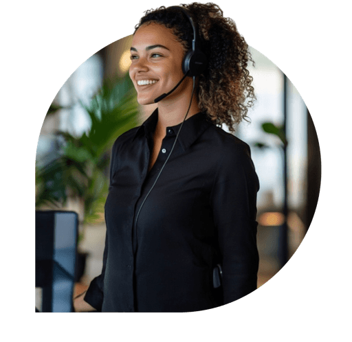 A circular photo of an agent wearing a headset, representing the sales representative actively engaged in a call. This element conveys professionalism and human interaction in Consio's platform.