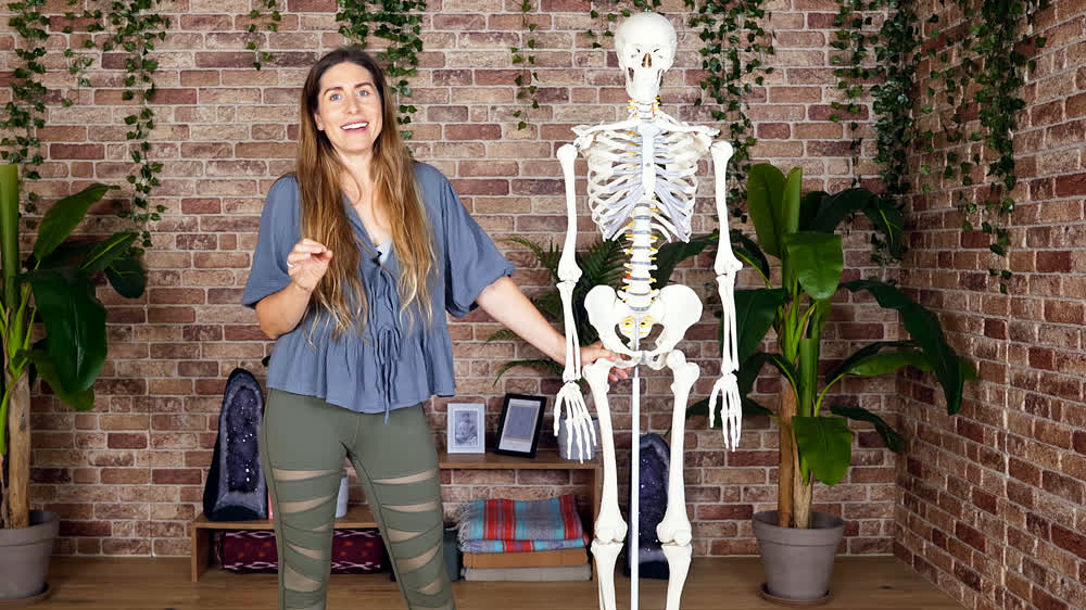 Yoga teacher adjusting a student's back alignment from behind – applied yoga anatomy module in the Movement Wisdom 200 Hour Teacher Training