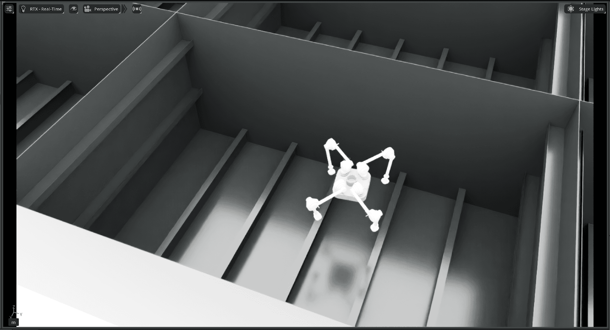 NVIDIA Isaac Sim 위의 가상 산업 환경에서 자율 이동 중인 디든로보틱스의 사족보행 로봇