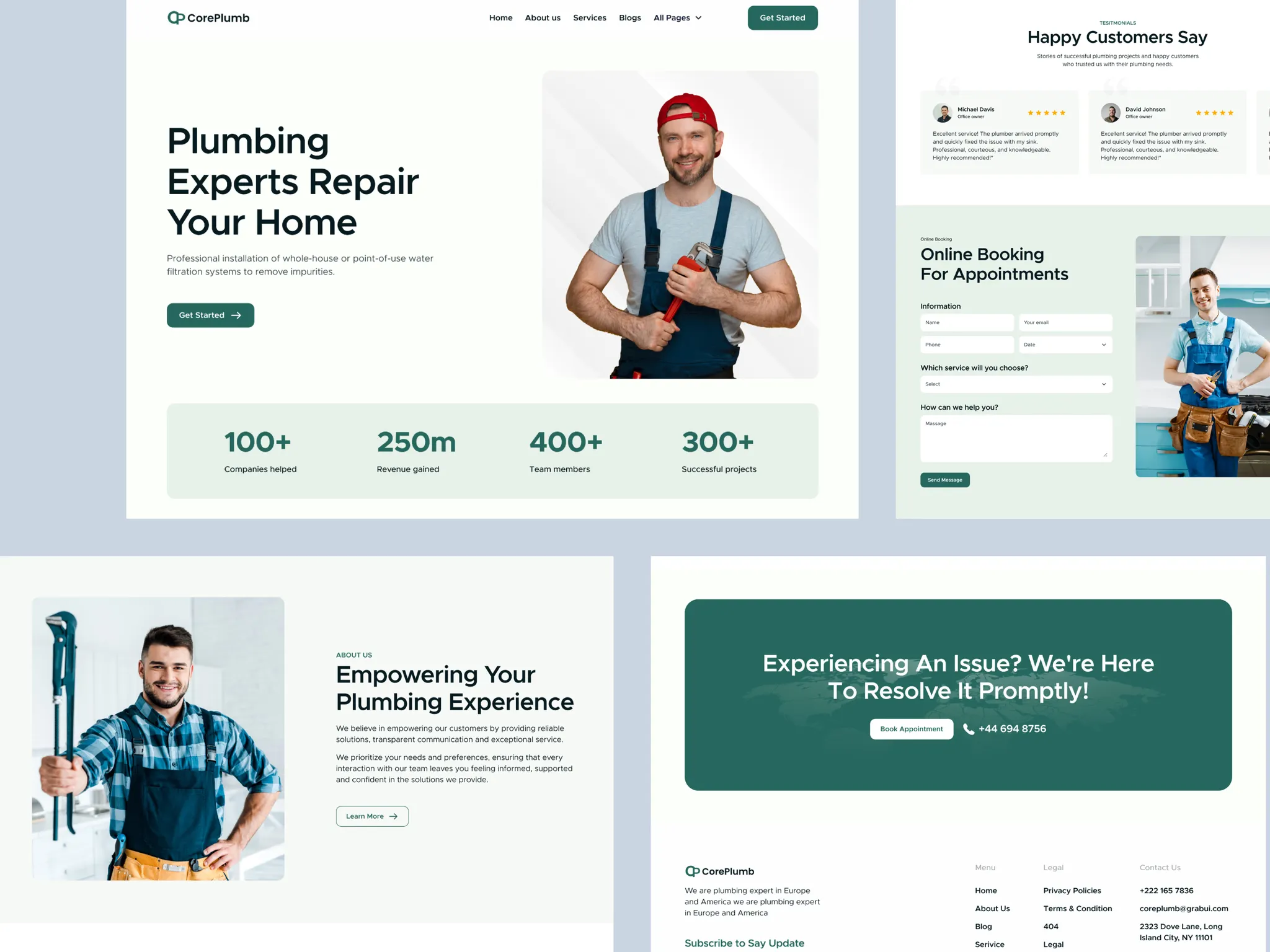 Core Plumb professional plumbing template with hero section, stats, testimonials, booking form, about us, and footer layout.