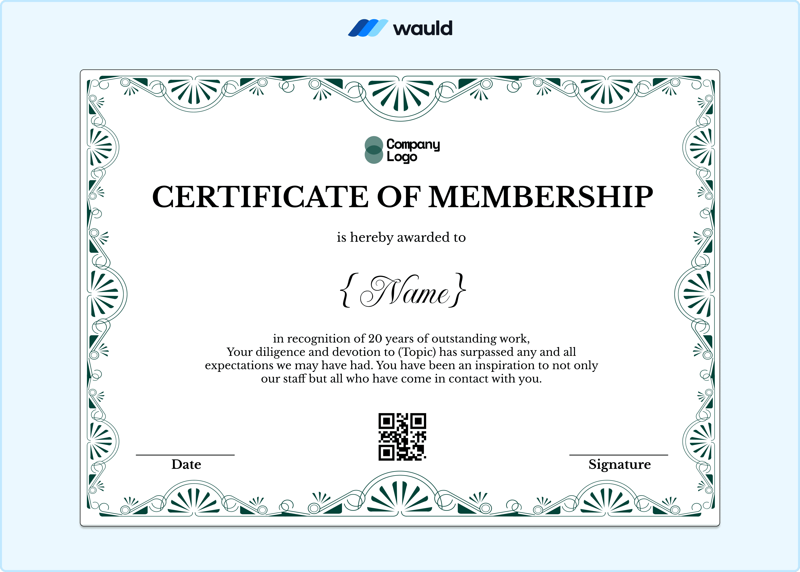 Teal floral certificate of membership template with art deco fan motif border, member name field, recognition details, date, QR code, and signature line