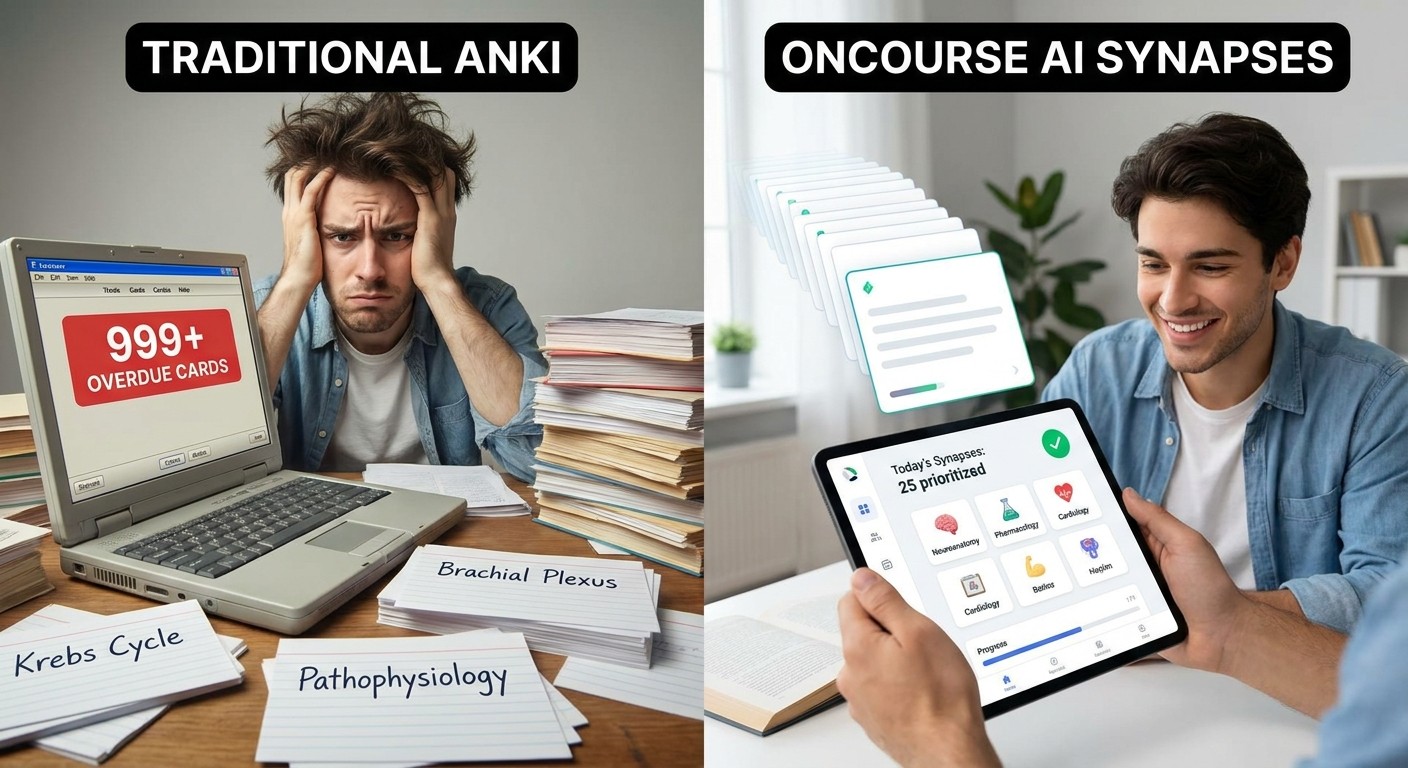 Comparison between traditional Anki overdue cards and Oncourse AI automated scheduling