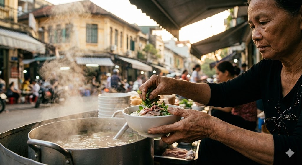 Cinematic travel food scene — local street food or traditional dish being prepared by hand, steam rising, warm natural lighting, shallow depth of field, authentic cultural setting, editorial food photography style, no text, no logos