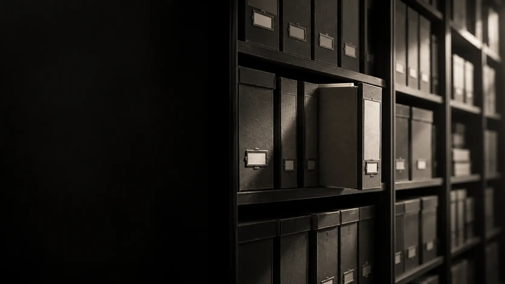 Archive shelves of file boxes, with one file pulled slightly out