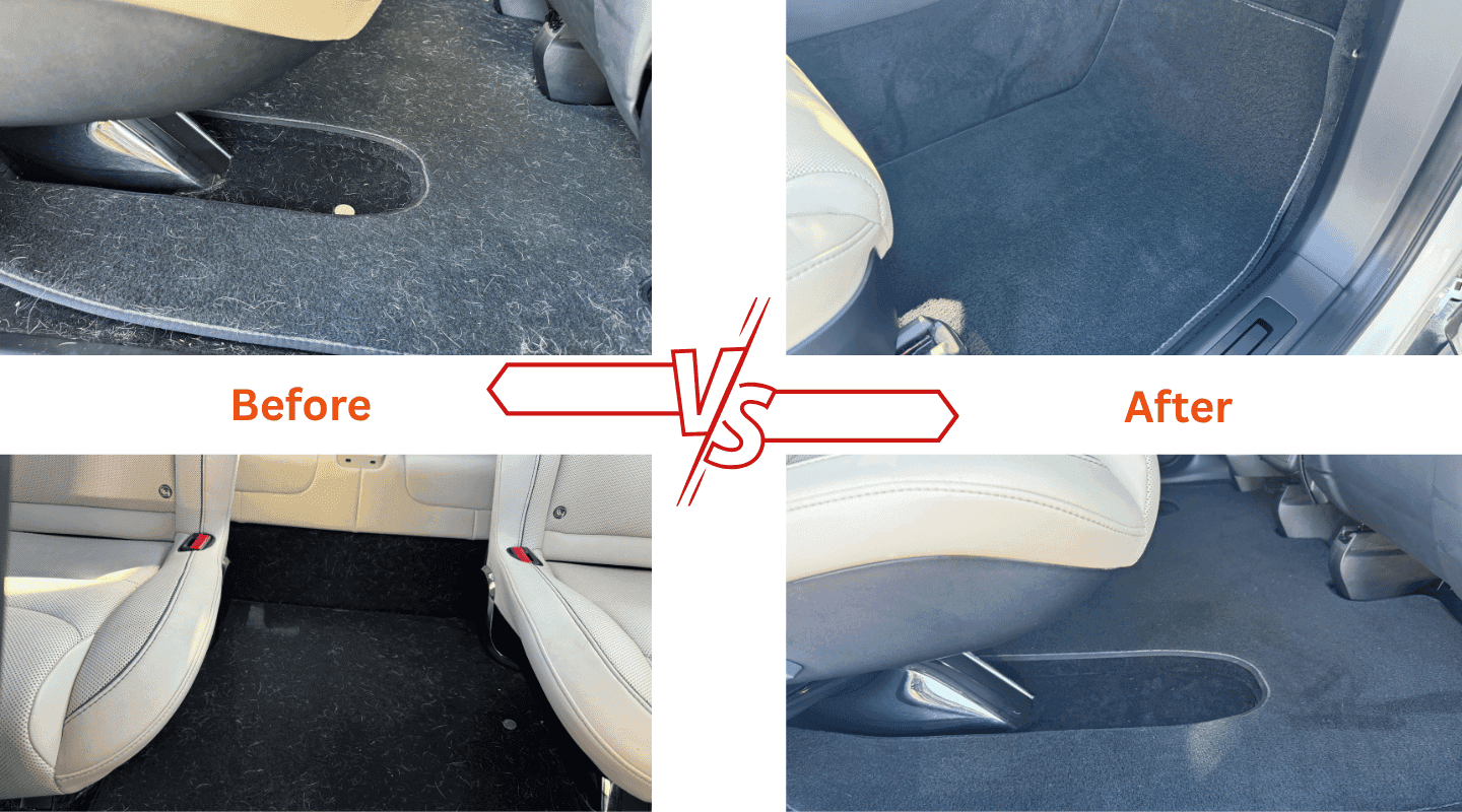 Before and after of Tesla Model X Plaid interior showing pet hair removal and deep carpet cleaning by Vibrant Mobile Detail in Fort Myers, Florida