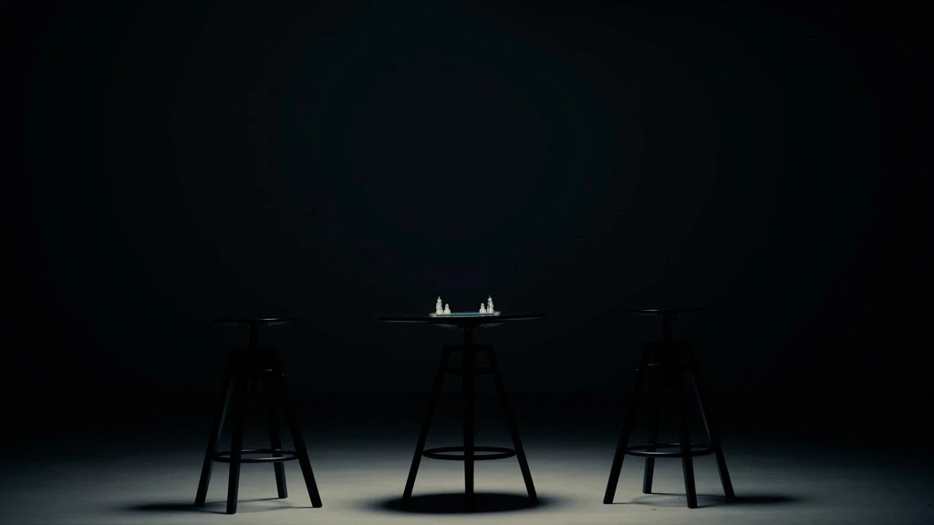 Ein Bild von zwei Hockern und einem Tisch auf welchem ein Schachbrett zu sehen ist.