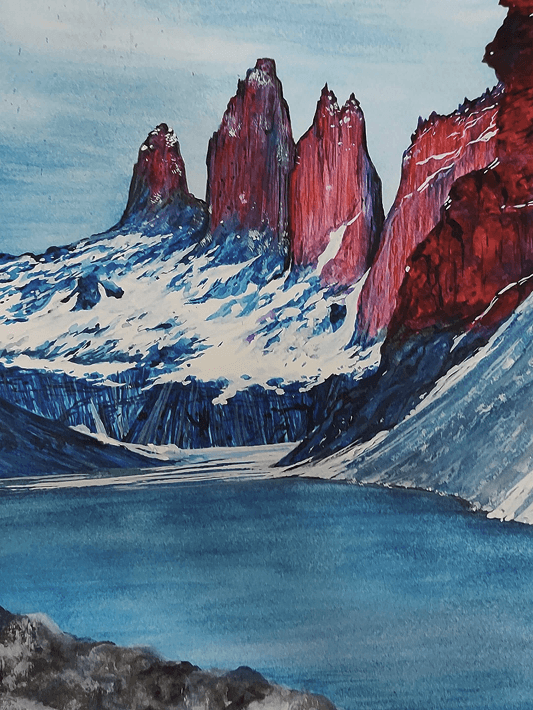 Watercolor painting of a wooden hut with a thatched roof beside turquoise water, reached by a narrow wooden staircase through green trees.