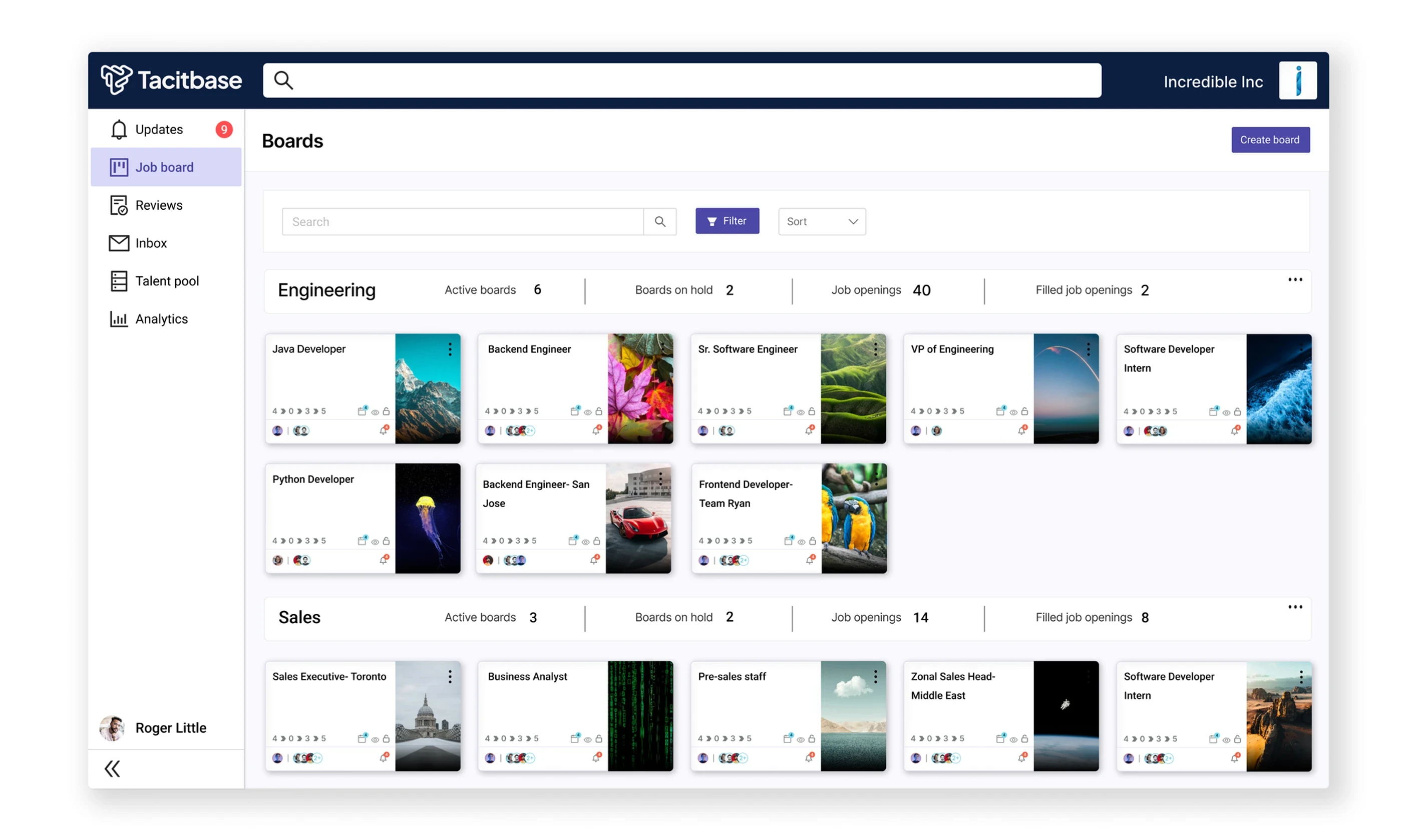 Applicant tracking system's dashboard of Tacitbase