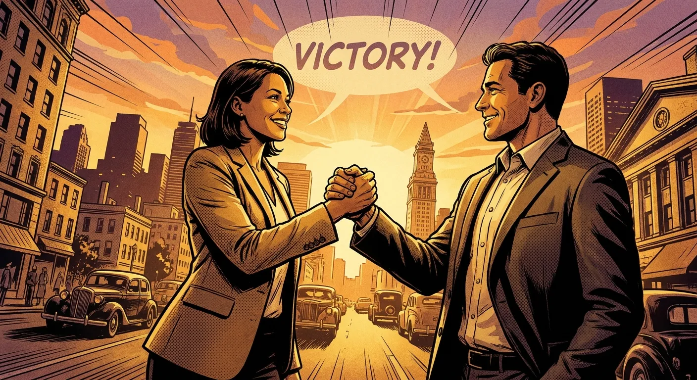 Victory handshake in cityscape promoting RockN' Socials Digital Marketing Agency.