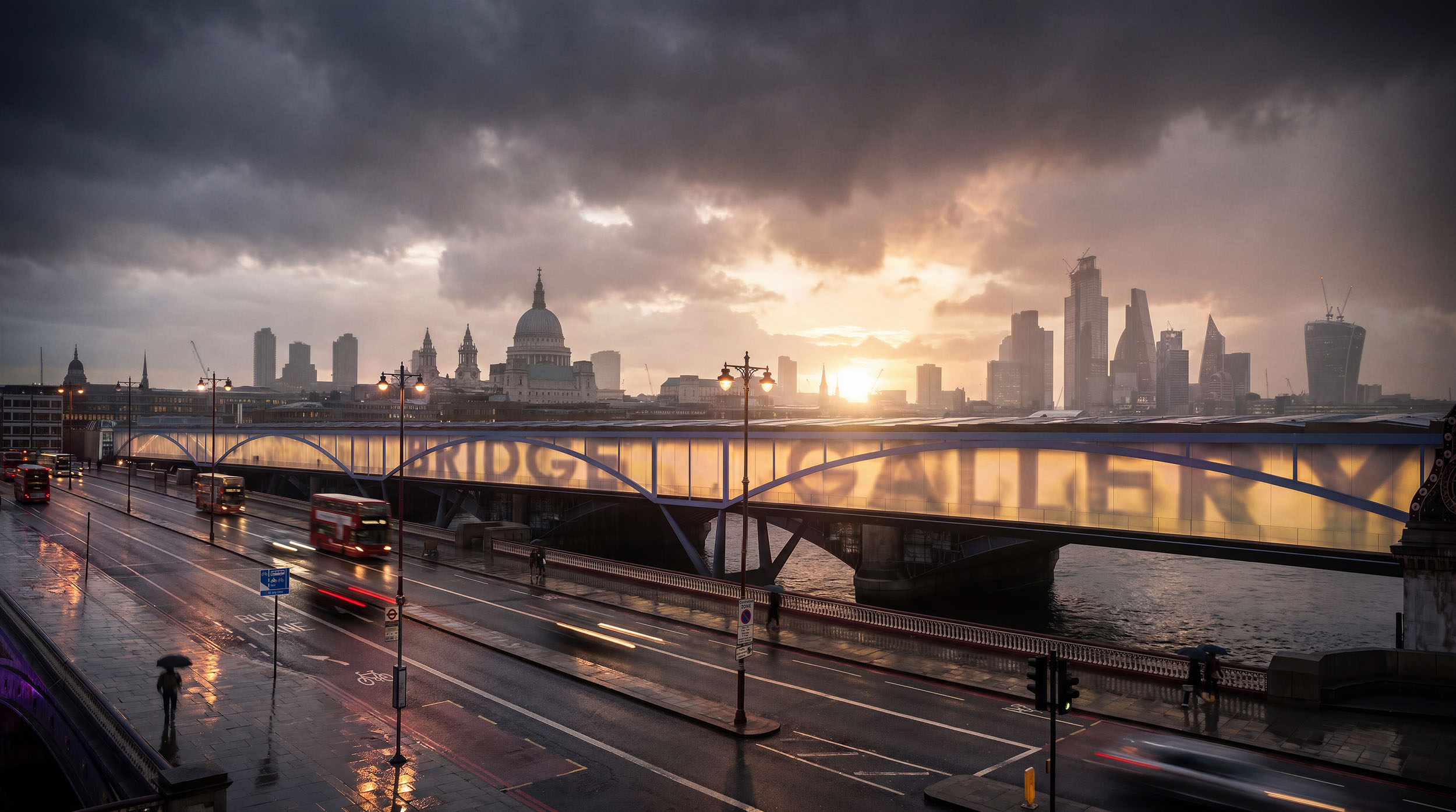 Architectural CGI render of London skyline at dusk.