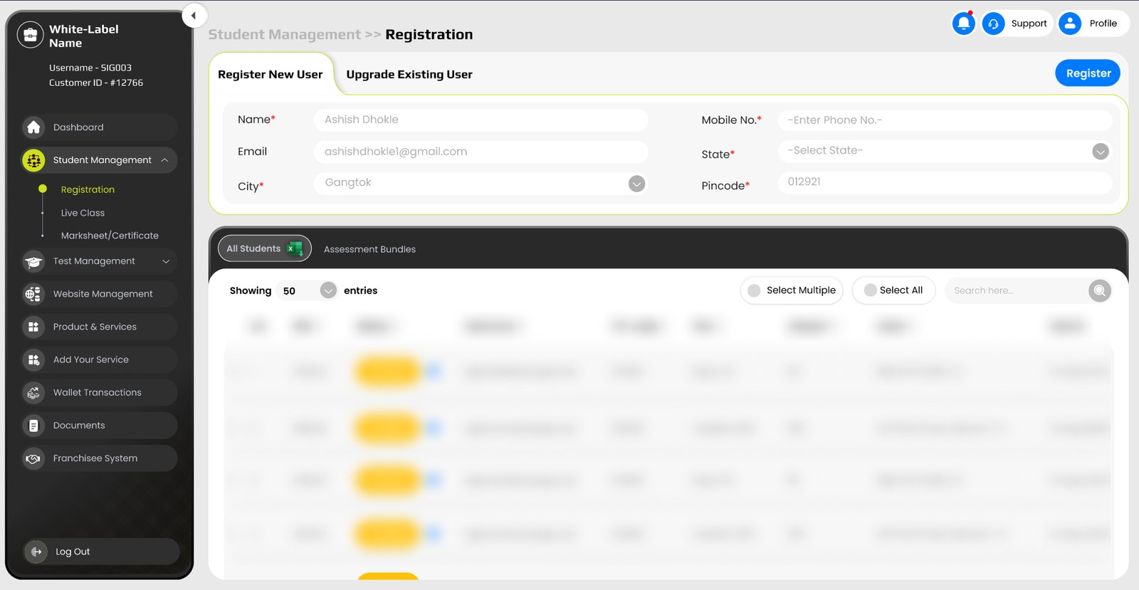 Tabbed registration with student table below