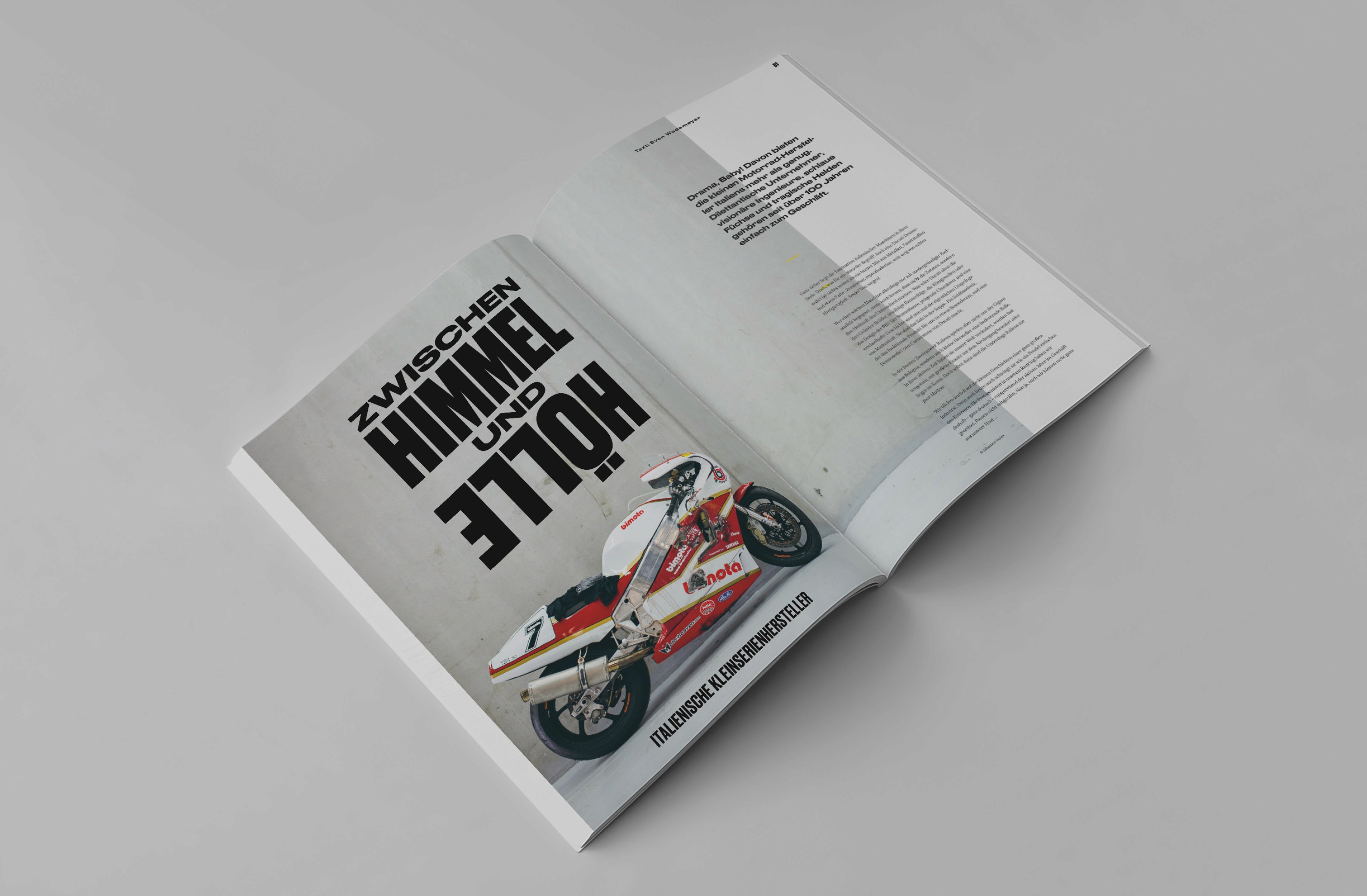 An open magazine featuring the headline 'Zwischen Himmel und Hölle' alongside a vintage motorcycle, showcasing automotive design and culture.