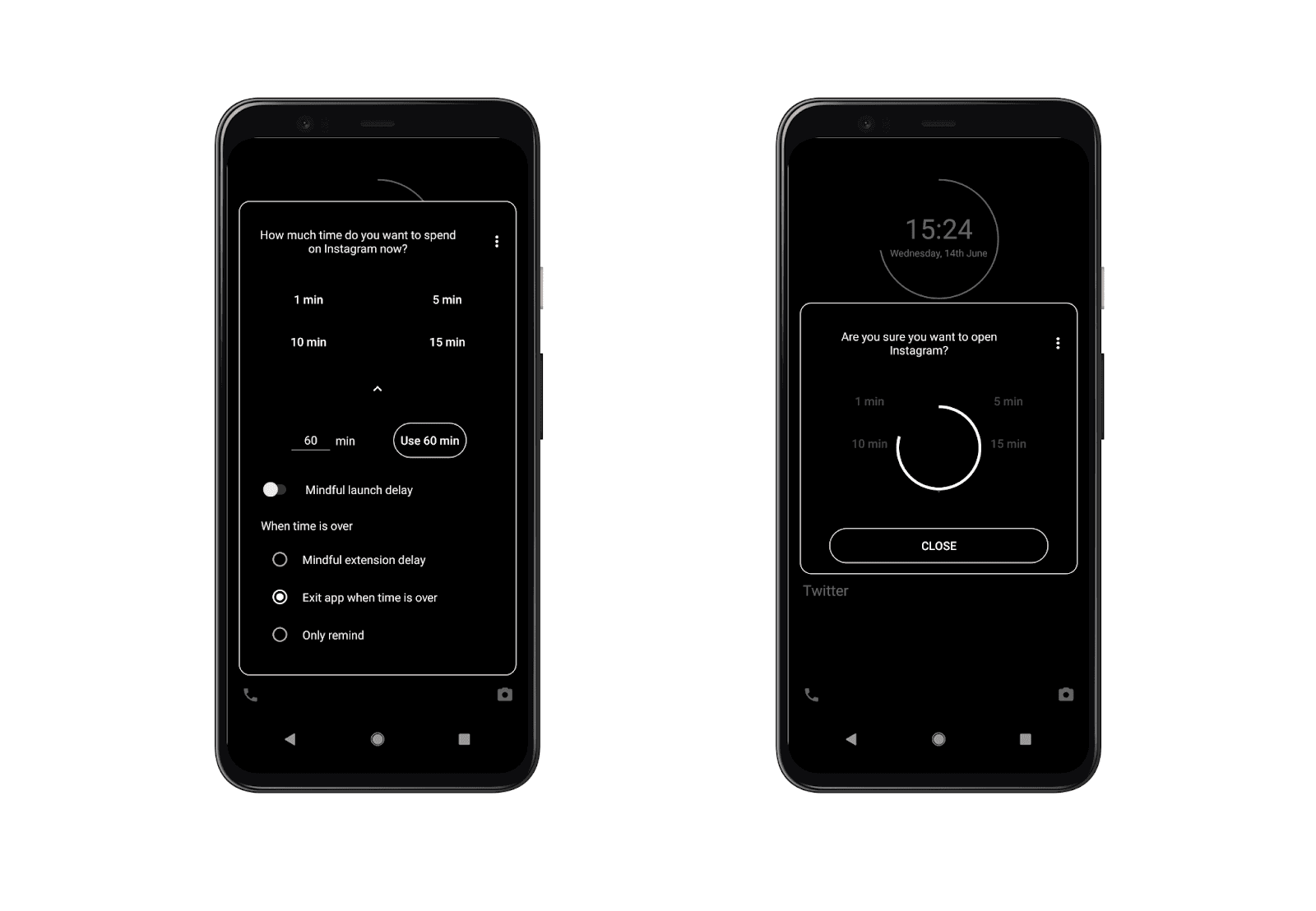 minimalist phone app in-app time reminder and mindful launch delay features