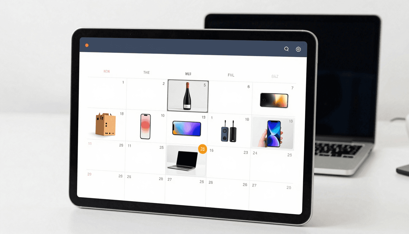 A calendar interface showing automated product publishing schedule