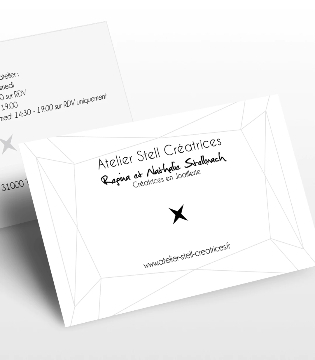 Mockup carte de visite recto verso Atelier Stell Créatrices — papeterie de marque pour atelier de joaillerie sur-mesure à Toulouse, réalisée par Tartelette Concept