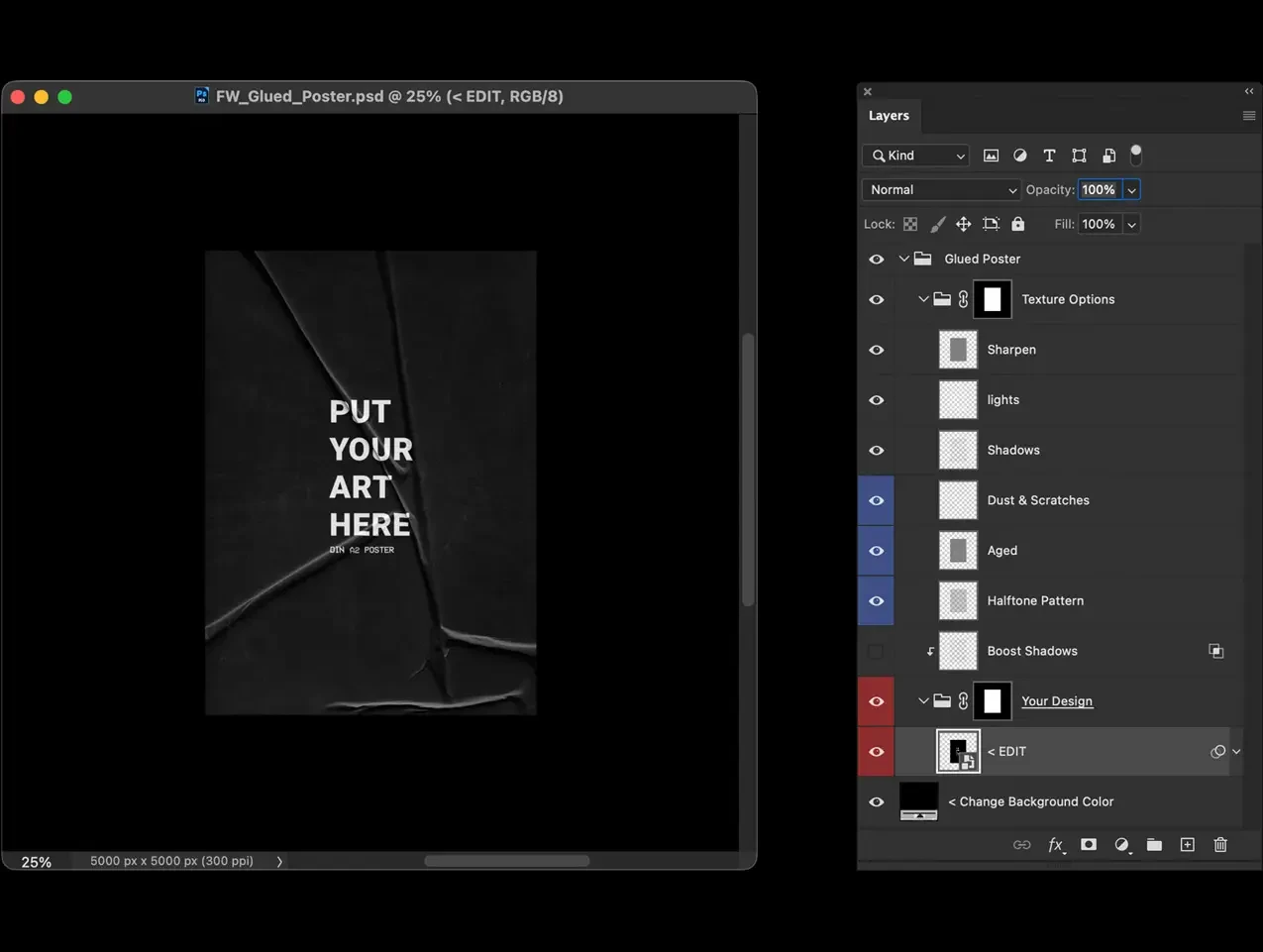 Technical view of the Glued A2 Poster Mockup highlighting the organized Photoshop layers and smart object editing
