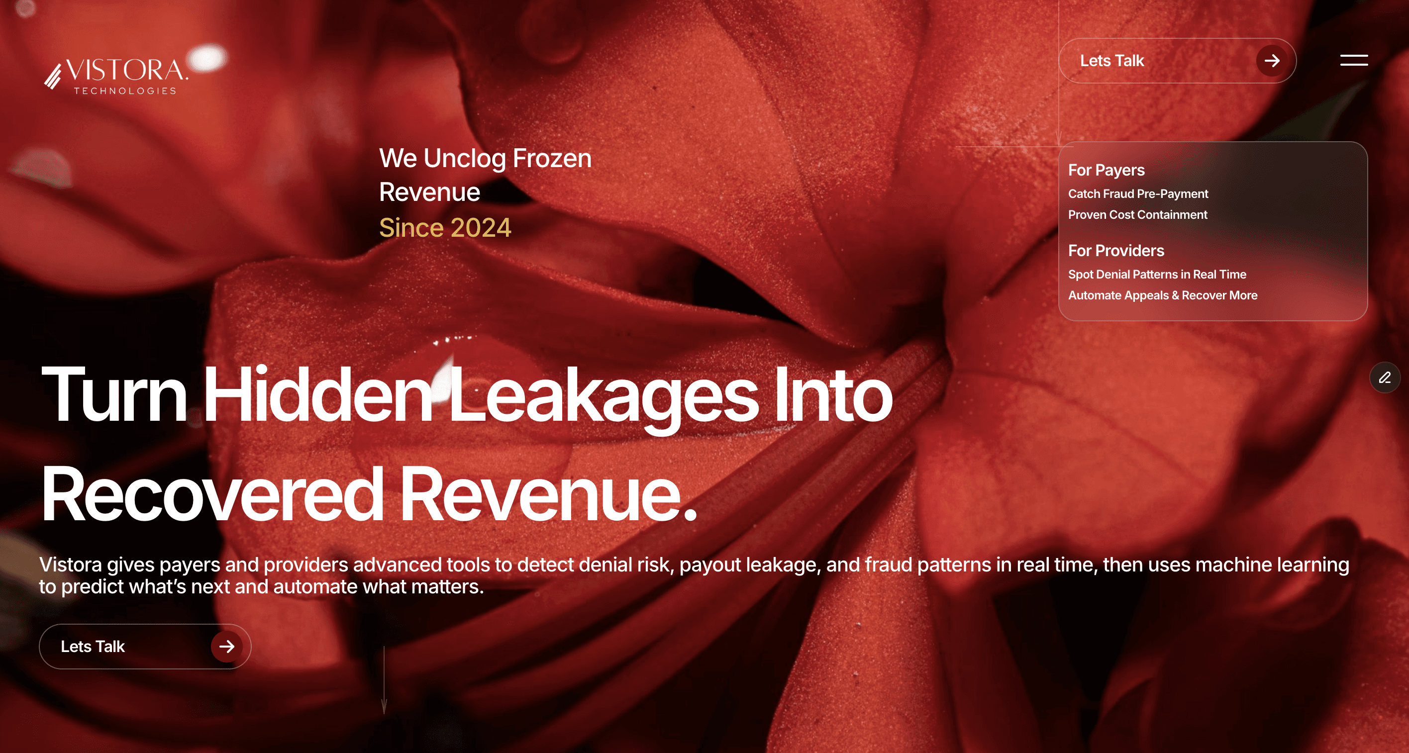 A homepage screenshot of Vistora Technologies' homepage. With a red hibiscus flower.
