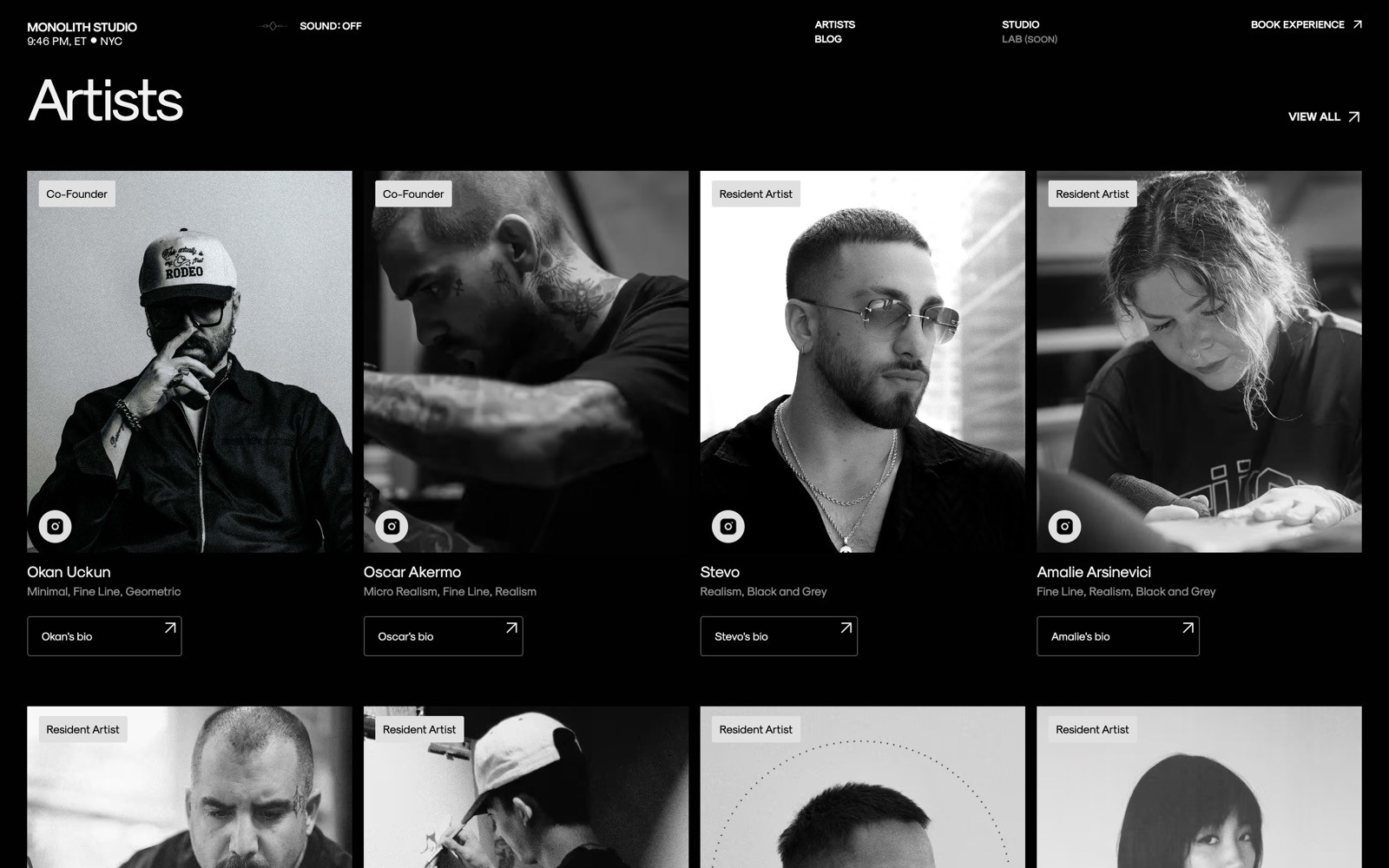 Black and white artist profiles with names and titles like "Co-Founder" and "Resident Artist" under each photo. Text: "Artists.