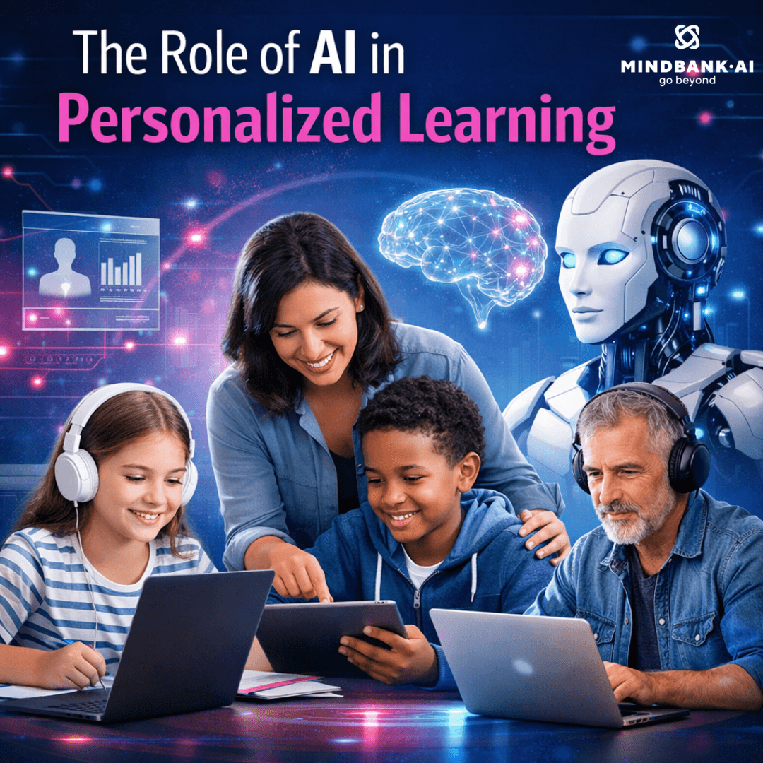 AI assistant and digital twin in personalized learning showing students and teacher using AI tools to adapt lessons, improve learning paths, and enhance education through behavioral insights