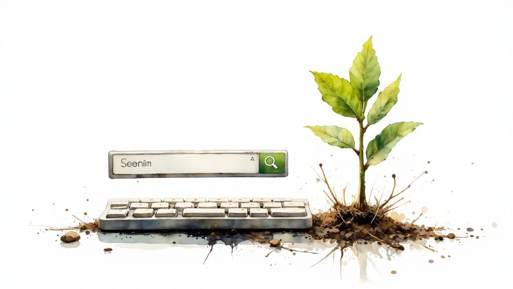 Clavier d'ordinateur et plante verte émergeant du sol symbolisant la croissance digitale et la prospection B2B